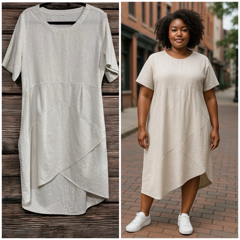 LINEN Tailored Elegant Cream Linen Boho Women's Dress Size Large Tailored Design